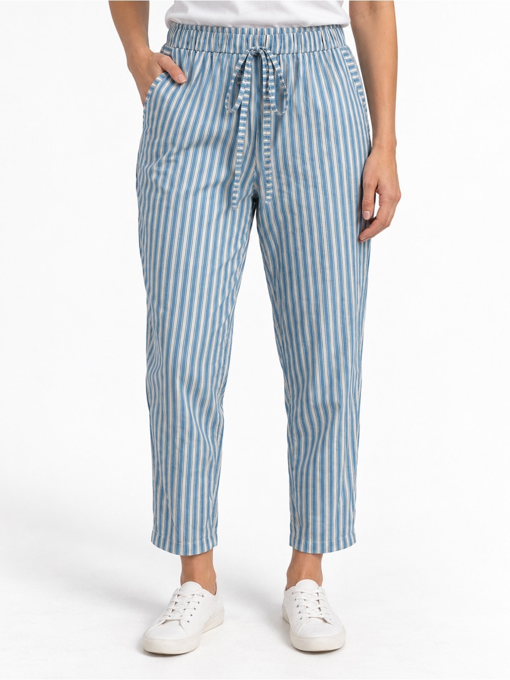 Trendy pull on blue and white stripe pant